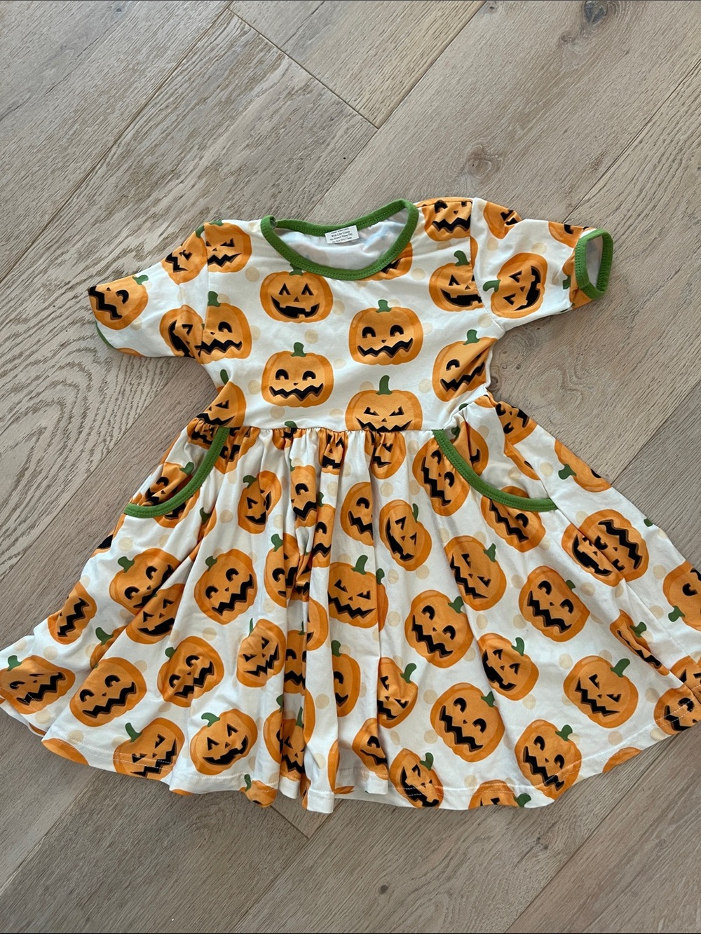 Pumpkin Print Girls Dress - Orange & Green
